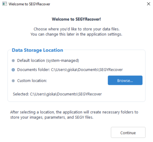 SEGYRecover First Run Setup Dialog