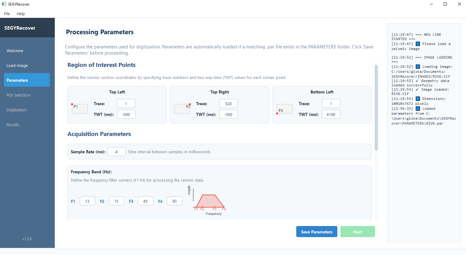 SEGYRecover Parameter Settings Interface