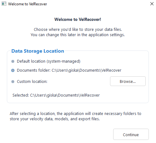 VelRecover First Run Setup Dialog
